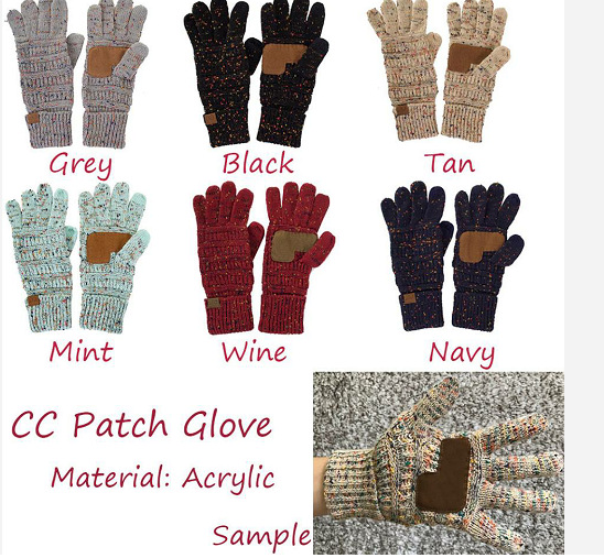 An image showcases seven pairs of European and American Wool Knitted Turn-over Labeling Touch Screen Gloves, available in a variety of colors including grey, black, tan, mint, wine, and navy. These gloves include a brown patch on the palm and are made from acrylic fiber. A sample pair is displayed being worn for a closer look at their design and texture.