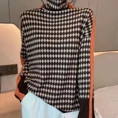 Loose Pile Collar Bottoming Shirt Women's Houndstooth Turtleneck Sweater - Cross Pattern Brown - View 1