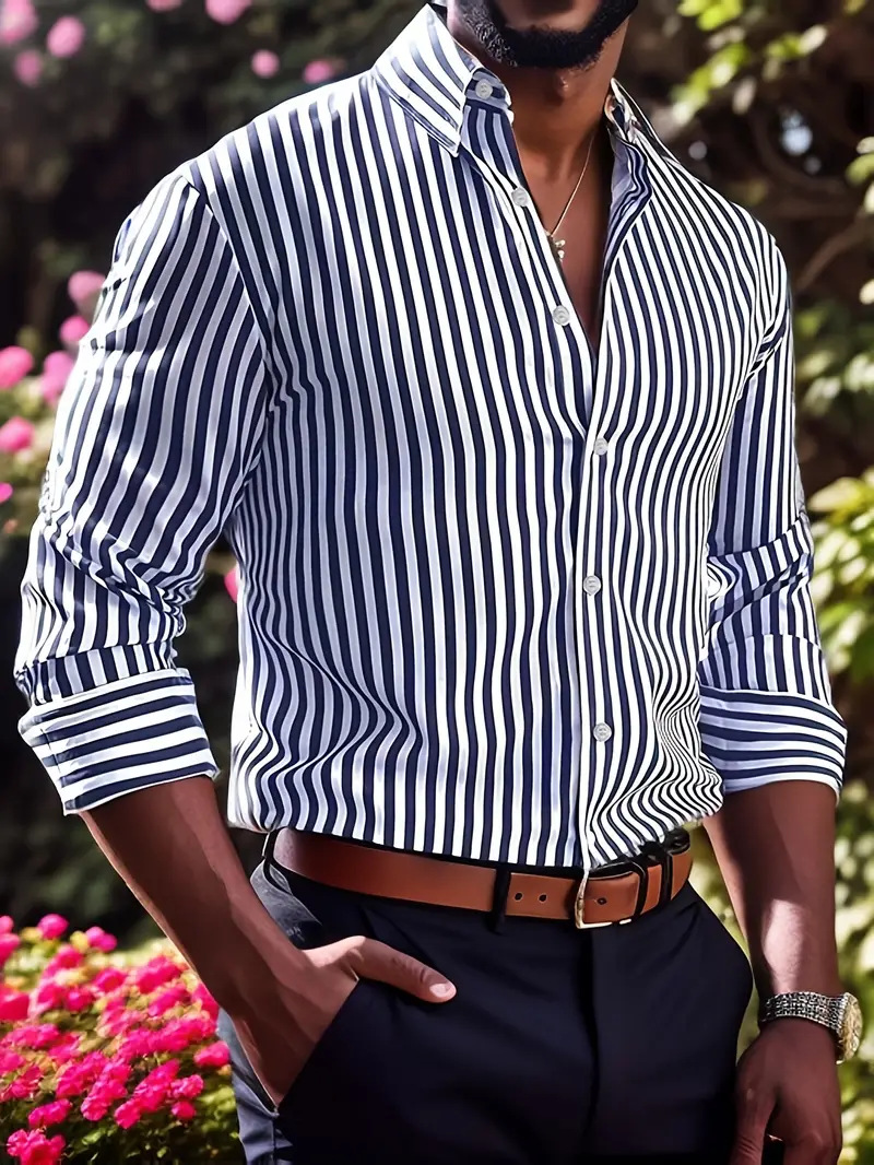 Ins Stripe Printed Long Sleeve Shirt Men Fashion Casual Lapel Button Top Clothin - Picture 10 of 13