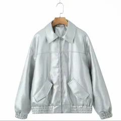New Women's American PU Leather Coat - Silver - View 1
