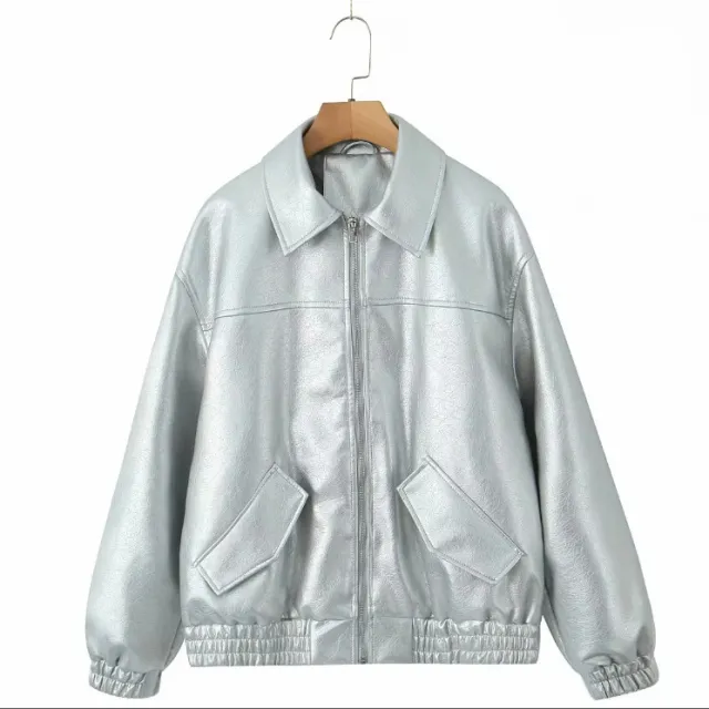 New Women's American PU Leather Coat Silver - Shop at LoveMi