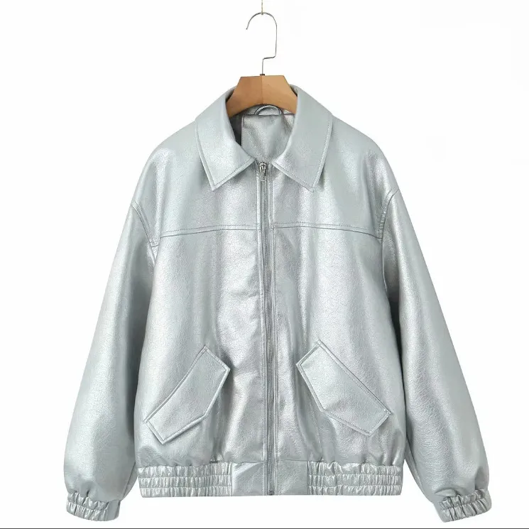 New Women's American PU Leather Coat - Silver