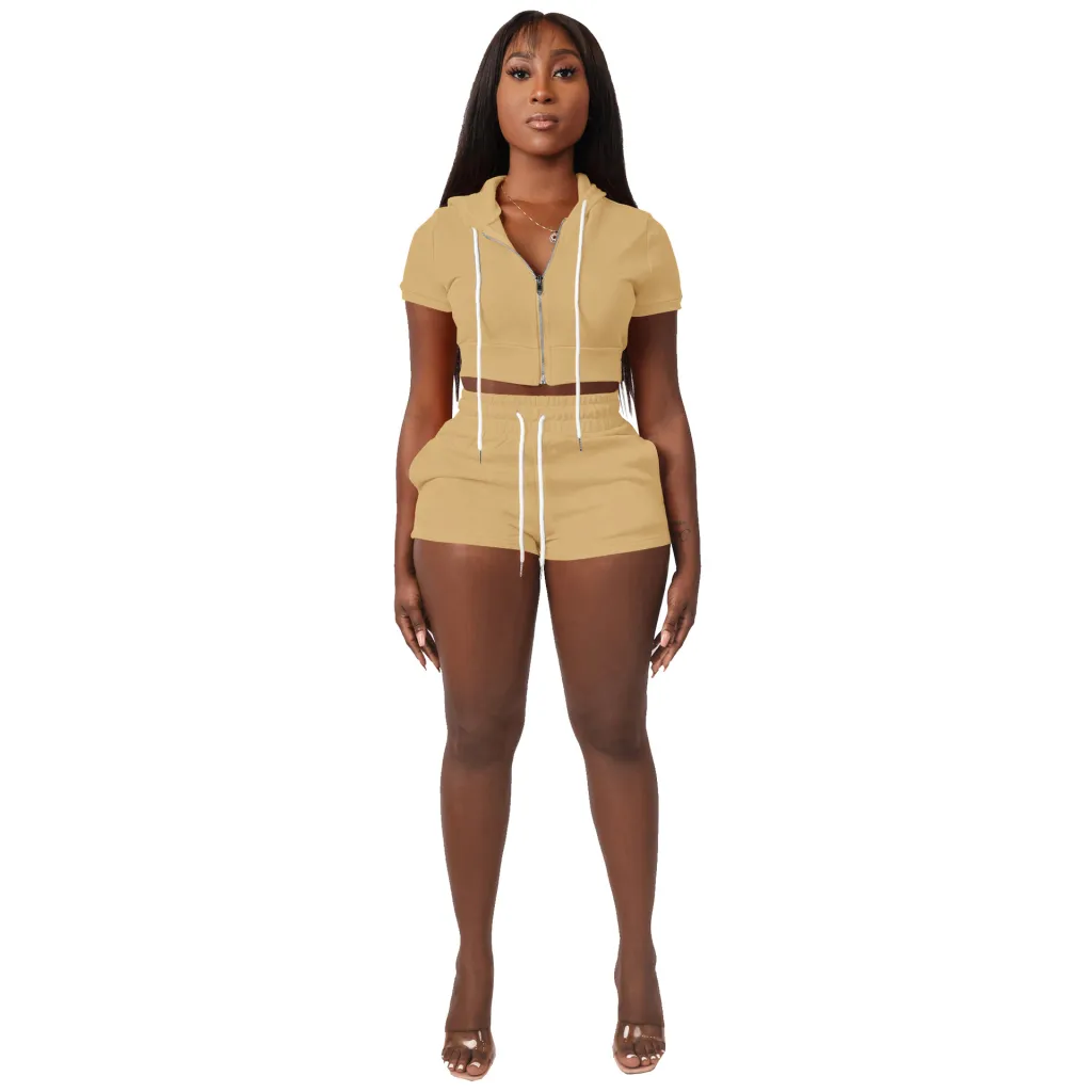 Top Hoodie Two-piece Set Suit - Khaki