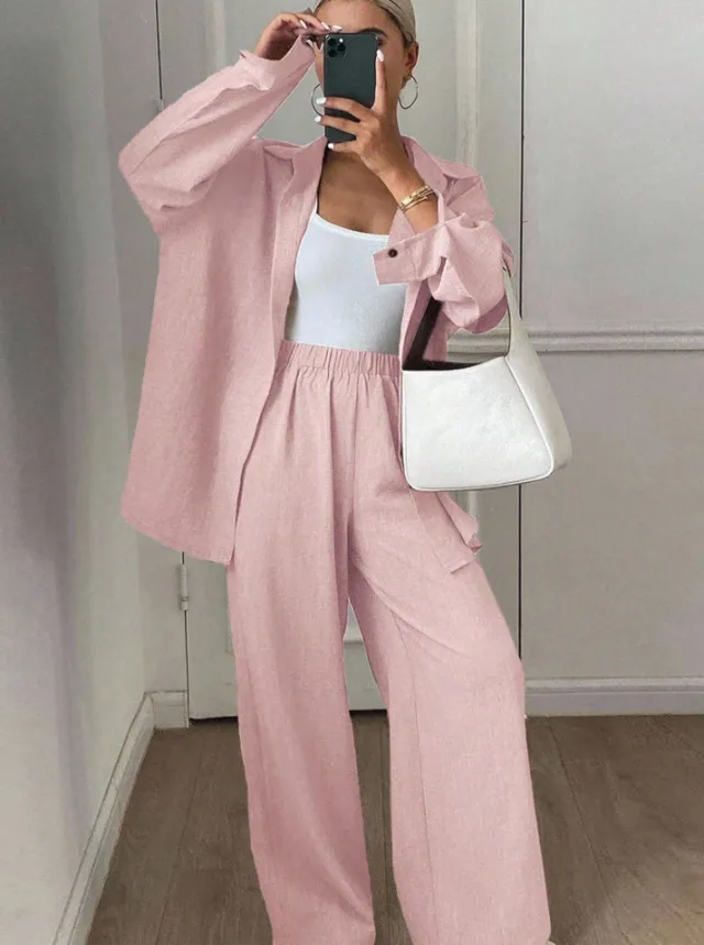 Womens Solid Color Casual Loose Cotton Linen Long Sleeve Shirt And Pants Set Pink - Shop at LoveMi