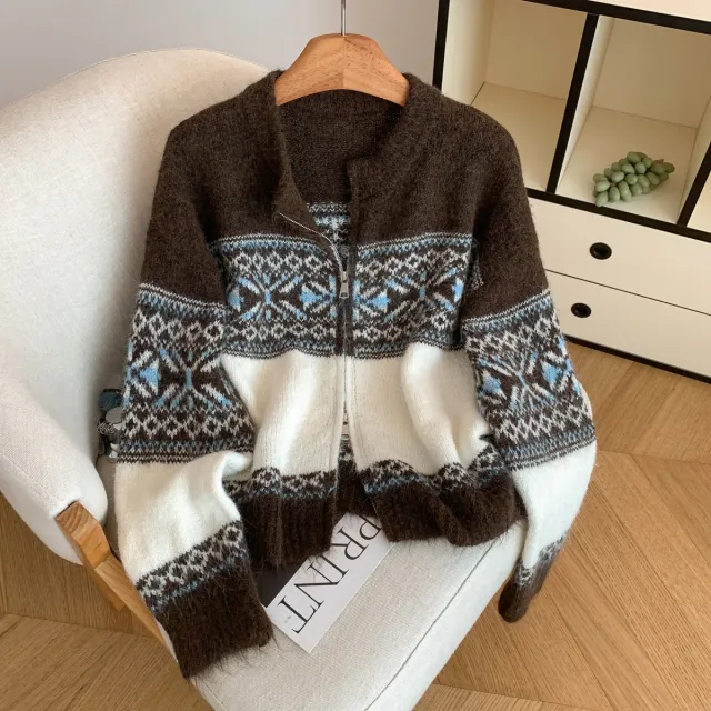 Retro Lazy Style Jacquard Long Sleeve Sweater Women Brown - Shop at LoveMi