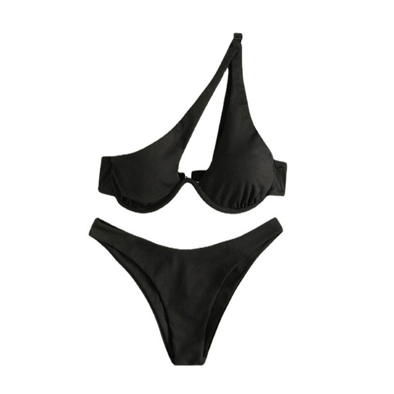 Women's Seperated Swimwear Solid Color One Shoulder Underwire Bikini