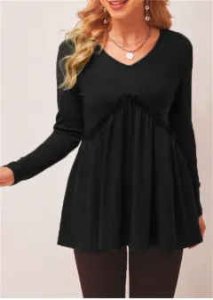 Loose-fit Ruffled Pleated V-neck T-shirt For Women - Black - View 1
