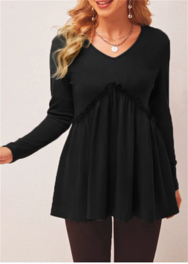 Loose fit Ruffled Pleated V neck T shirt For Women Black - Shop at LoveMi
