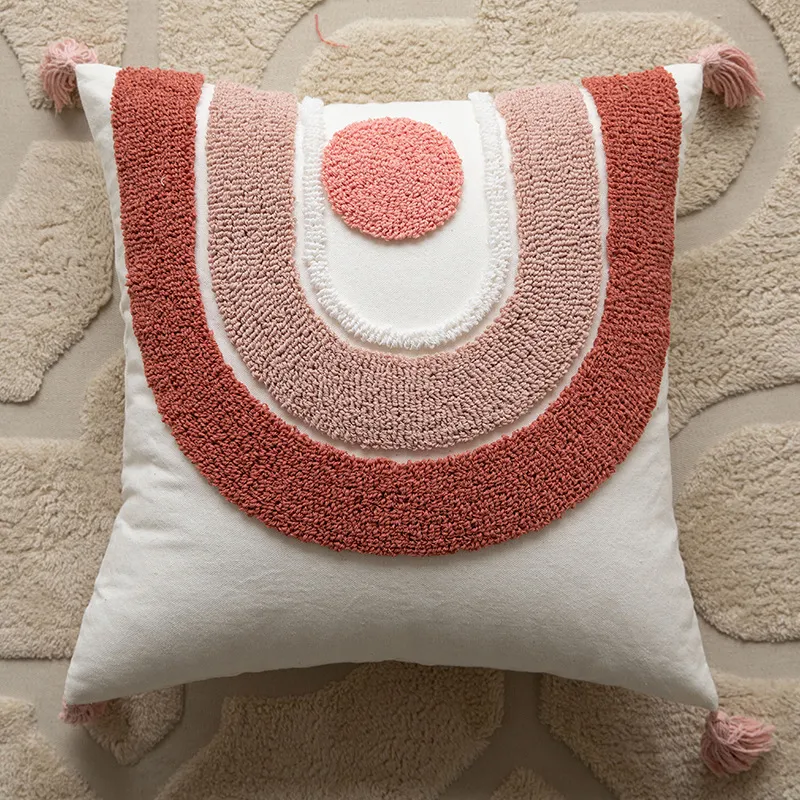 Living Room Sofa Modern Polka Dot Tassel Pillow Cover - Pink Rainbow
