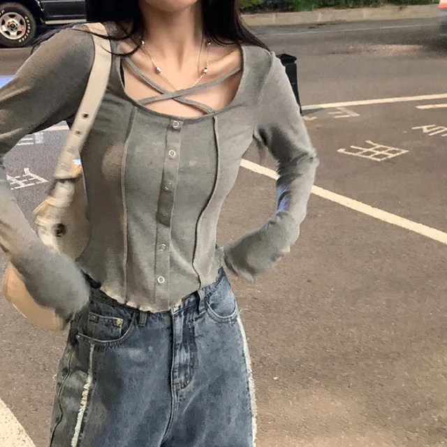 Slim Fit Slimming Sense Of Design Niche Cross Long Sleeves Round Neck Bottoming Shirt Top Light Gray - Shop at LoveMi