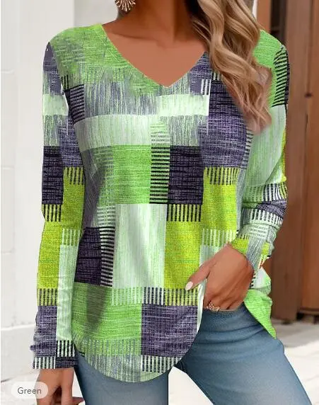 Long Sleeve 3D Digital Printing Geometric Pattern Casual V neck Loose Holiday T shirt For Women Green - Shop at LoveMi
