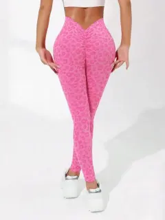 V Waist Double Hip Lifting Leopard Print Yoga Pants Women - Rose Red - View 1