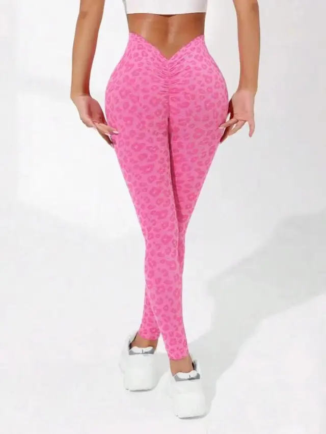 V Waist Double Hip Lifting Leopard Print Yoga Pants Women Rose Red - Shop at LoveMi