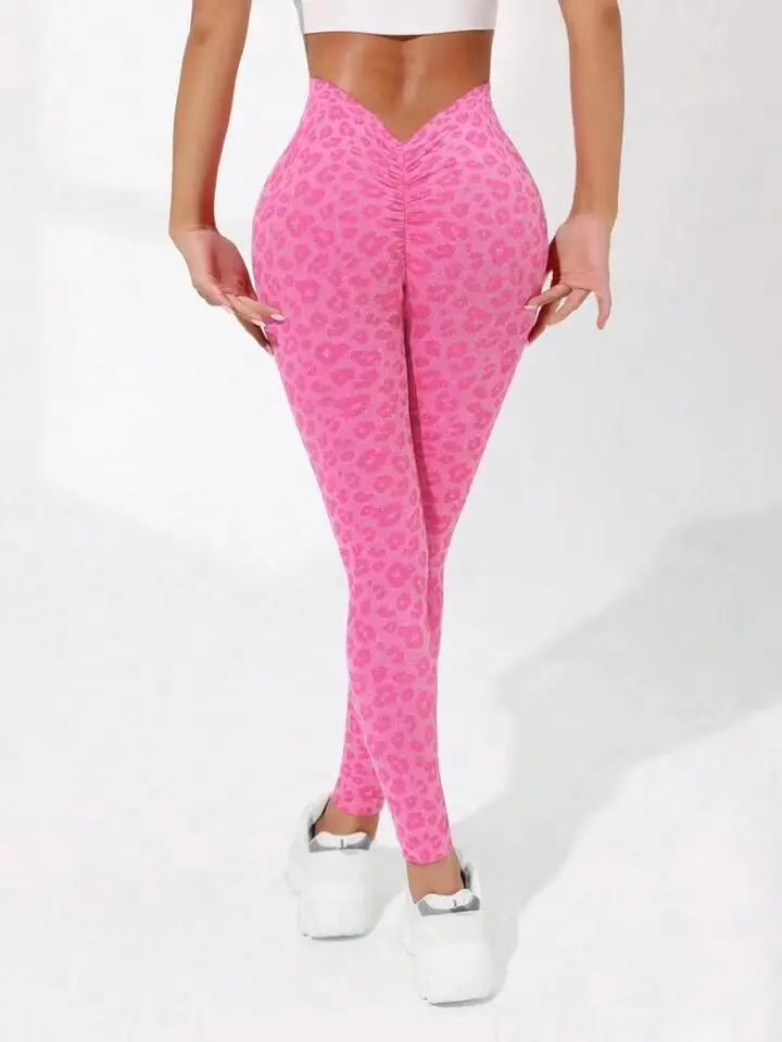 V Waist Double Hip Lifting Leopard Print Yoga Pants Women - Rose Red