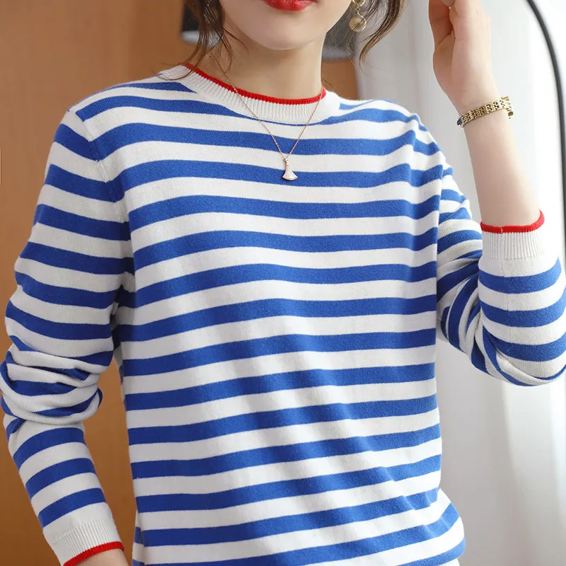 Round Neck Striped Sweater Women's Cotton Long Sleeve T-shirt Navy-striped Shirt Loose Bottoming Shirt - Blue