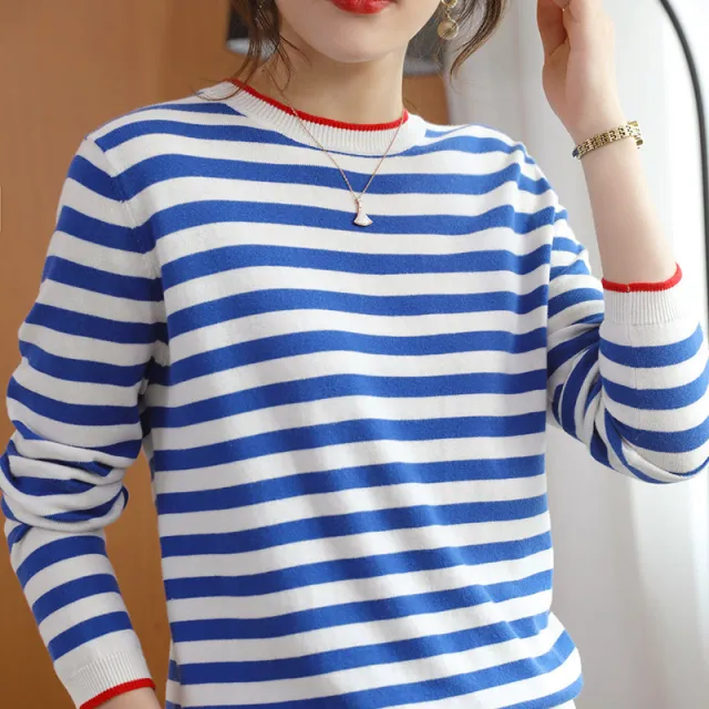 Round Neck Striped Sweater Women's Cotton Long Sleeve T shirt Navy striped Shirt Loose Bottoming Shirt Blue - Shop at LoveMi