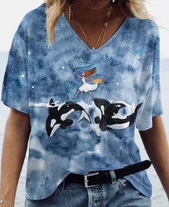 Short Sleeve V-neck T-shirt Women's Clothing - Style 1-4Xl - View 1