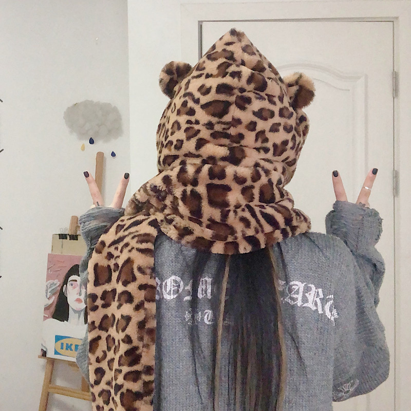 Bear Ear Hat Scarf All-in-one Warm Keeping Leopard Hat