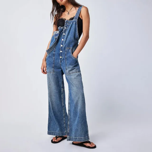 Pocket Sling Adjustable Strap Wide leg Overalls Denim Jumpsuit Dark Blue - Shop at LoveMi