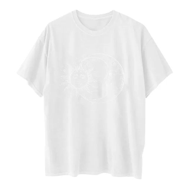 Printed Round Neck Short Sleeve Sun Moon Sun Moon Printed Top Women's T shirt F White - Shop at LoveMi