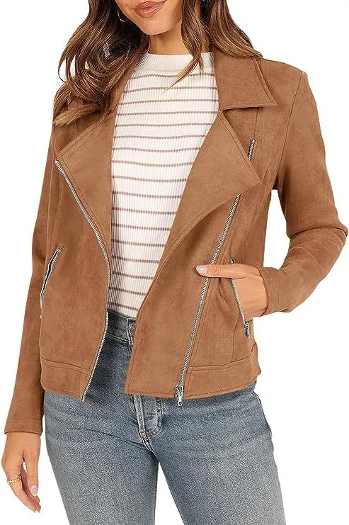 Fashion Deerskin Velvet Motorcycle Jacket Zipper Pocket Short Coat Camel - Shop at LoveMi