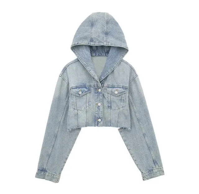 Hot Girls Washed Frayed Hem Hooded Denim Jacket Coat Blue - Shop at LoveMi