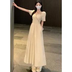 Lightly Mature Short-sleeved Dress For Women Summer Slimming Pure Desire French Waist - Apricot - View 1