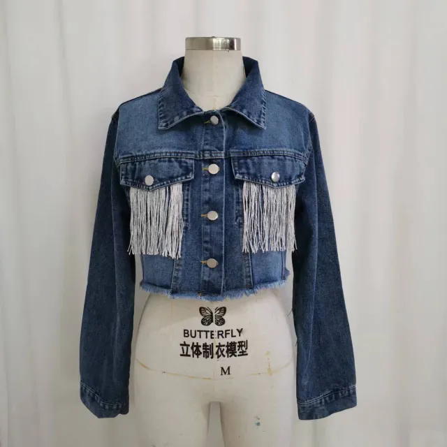 Fashion Tassel Stitching Do The Old Cowboy Jacket For Women Deep Fried Blue - Shop at LoveMi