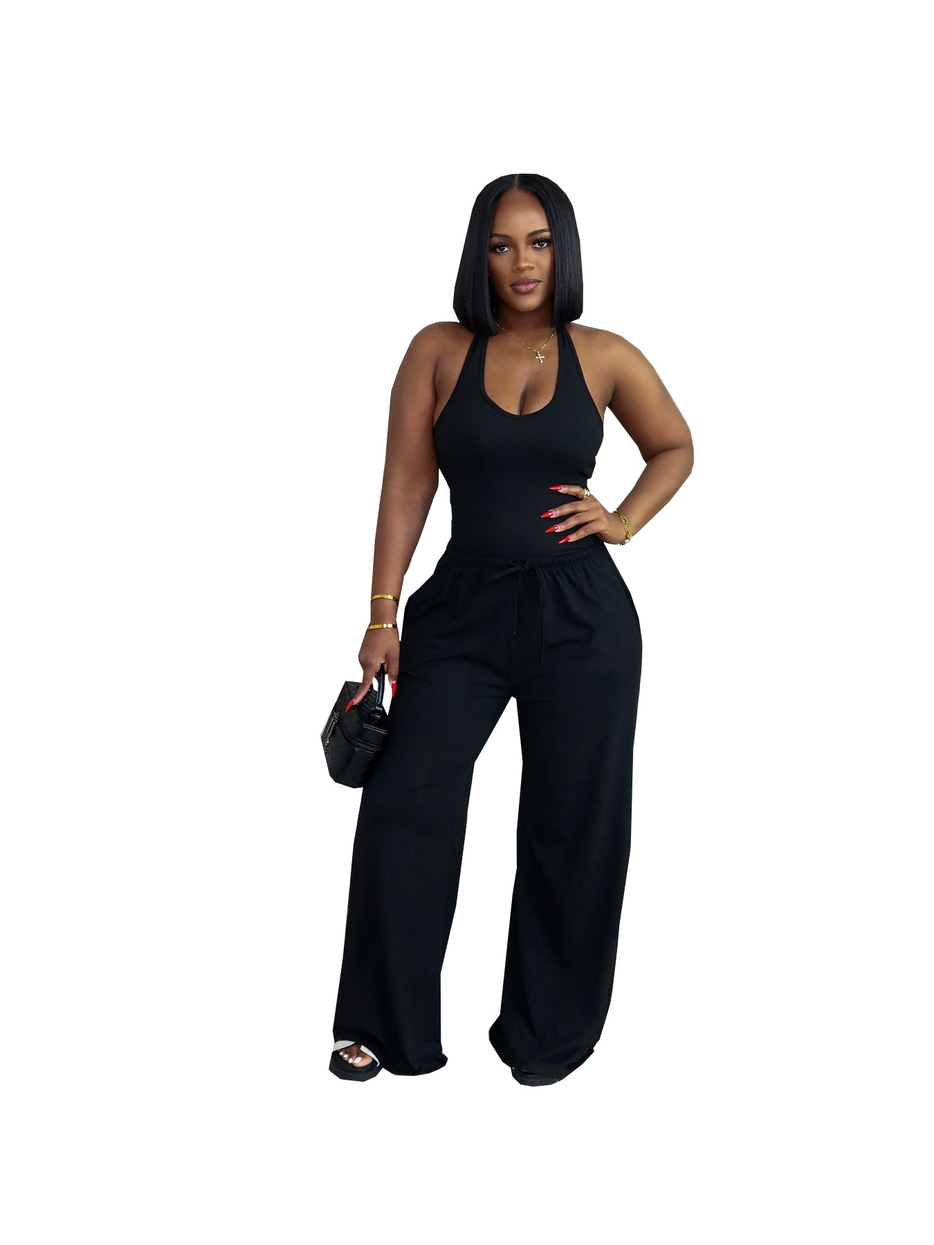 European And American Style Summer Solid Color Casual Halter Top And High-Waist... 7