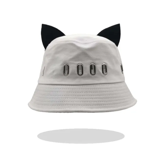Cat Ears Girl Ribbon Bucket Hat White Ear Strap Holes - Shop at LoveMi