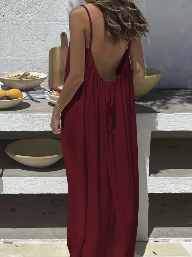 Women's Backless Loose Long Home Wear Dress Wine - Shop at LoveMi