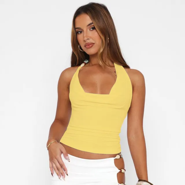 Pure Color Halter Lace up Vest T shirt Top Yellow - Shop at LoveMi