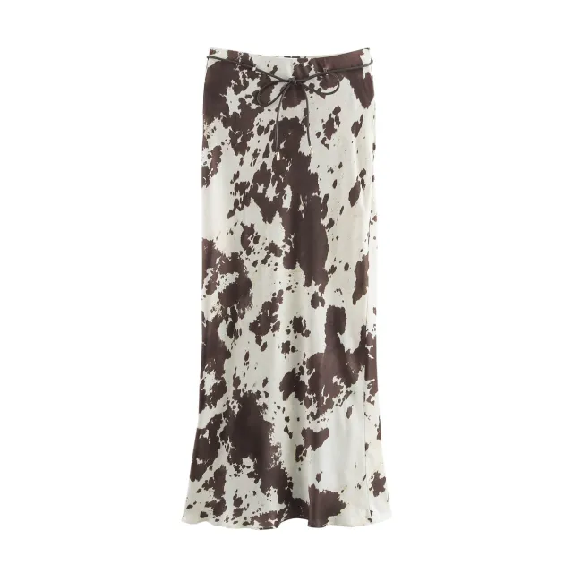 Animal Print Silk Satin Loose Shirt With Belt High Waist Skirt Suit Skirt L - Shop at LoveMi