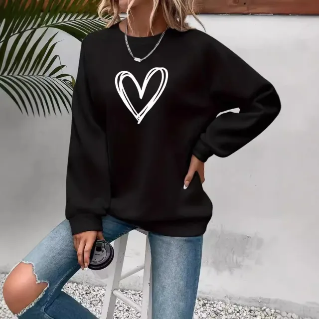 Heart Printing Round Neck Long Sleeve Sweatshirt Tops Black - Shop at LoveMi
