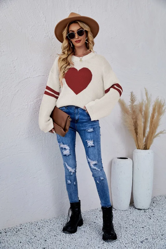 Women's Pullover Long Sleeve Love Sweater White Beige - Shop at LoveMi