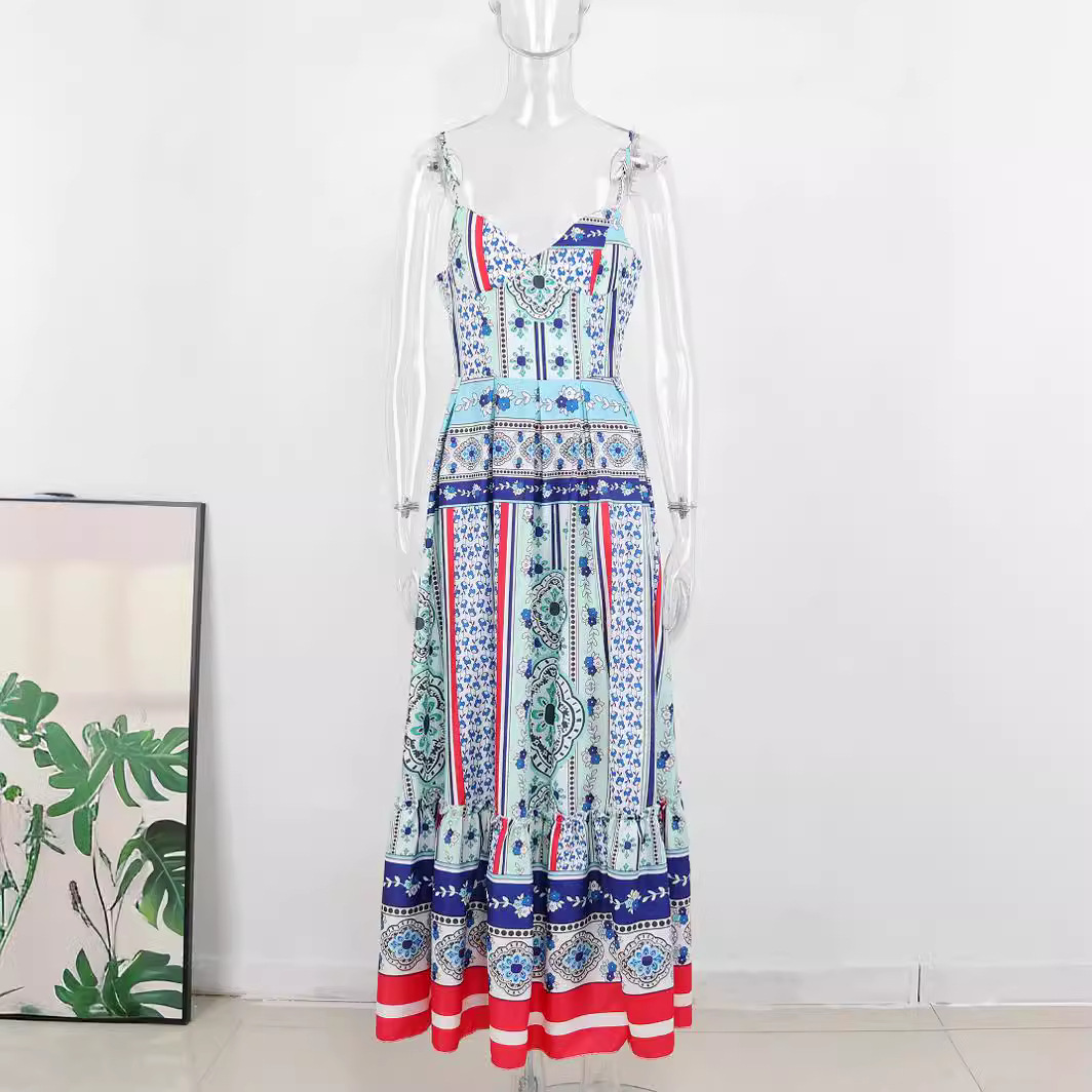 Green Printing High Slit European And American Vacation Style Long Sling Dress