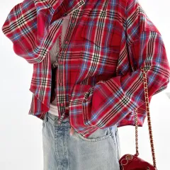 Fashion Bandage Dress Plaid Shirt - Plaid-S - View 1