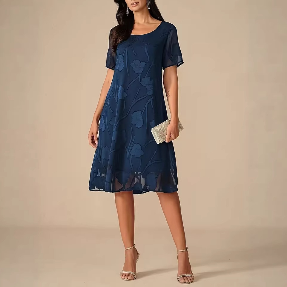 Womens SpringSummer Solid-Color Crew-Neck Short-Sleeve Slim-Fit Dress