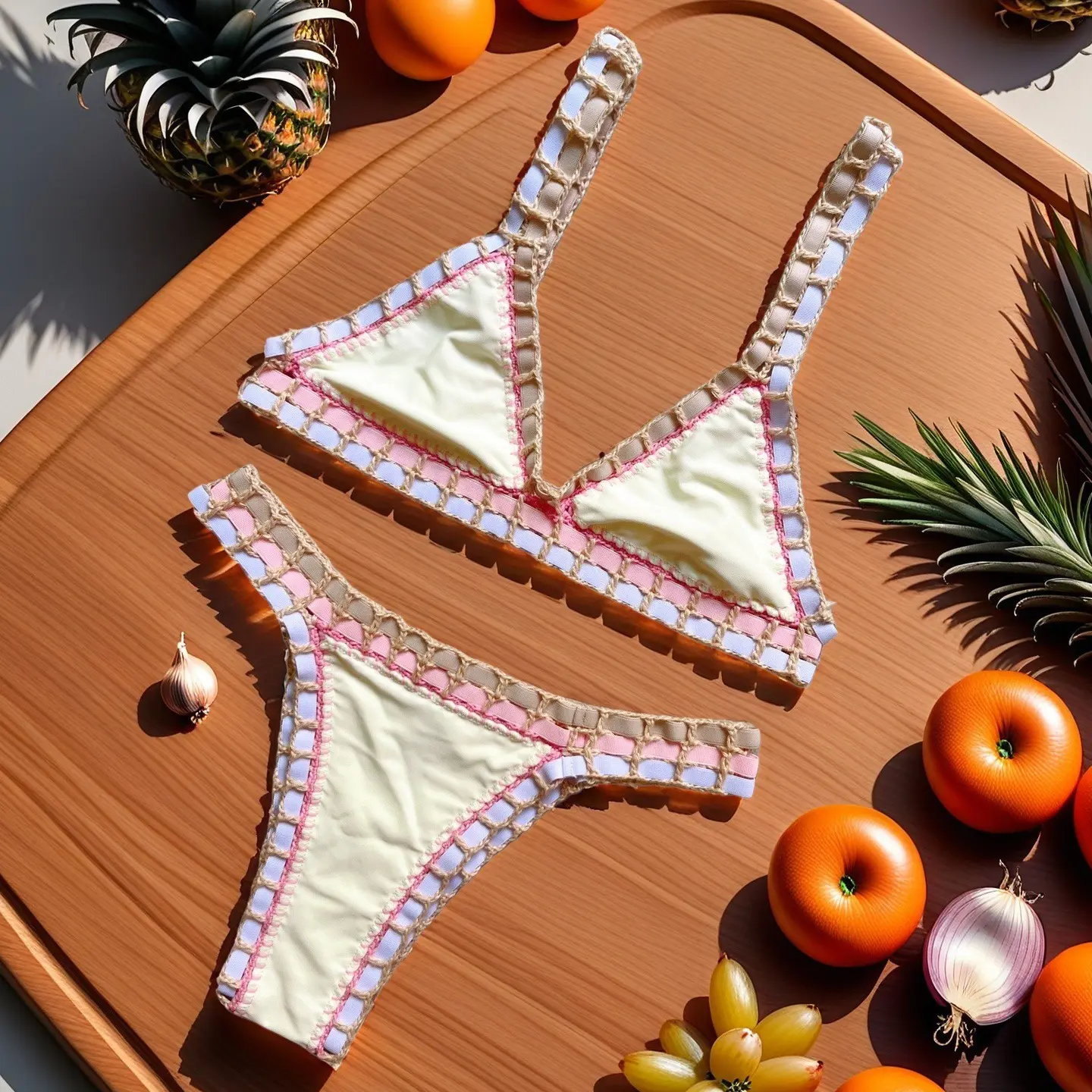 Womens Hand-Crocheted Solid-Color Swimsuit Bikini Set