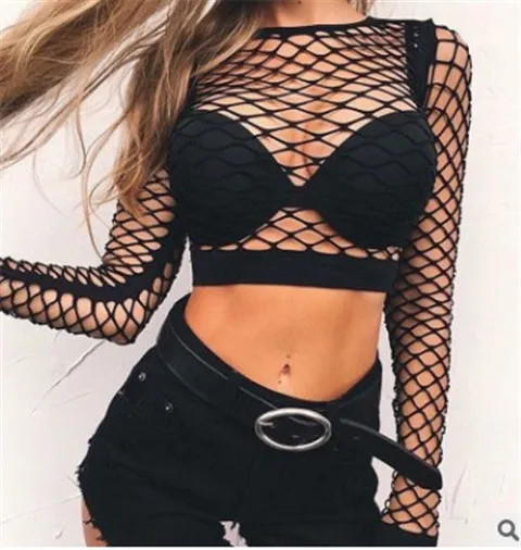Fit High Waist Hollow out See through Fishnet Navel T shirt Wear Women Black - Shop at LoveMi