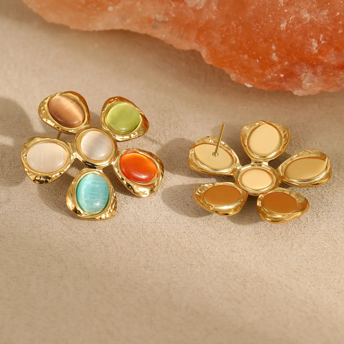 Colorful Opal Hammered Flower Earrings Suit