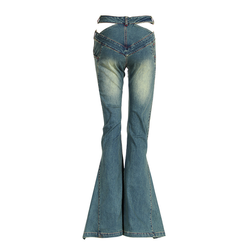 Slim Fit Hollow High Waist Pleated Placket Hot Girl Denim Bell-bottom Pants