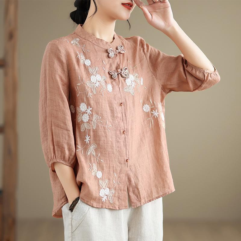 Chinese Button Knots Embroidered Women's Three-quarter Sleeve Cotton And Linen Top