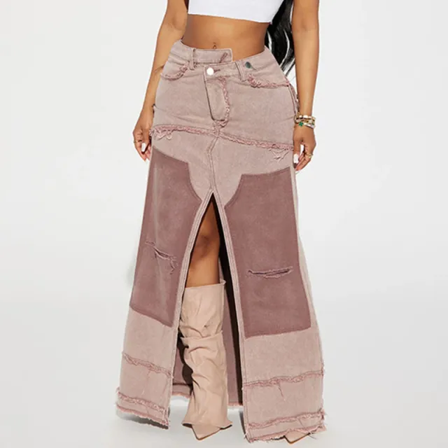 Washed Contrast Color Irregular Denim Skirt Frayed Pocket Slit Pink - Shop at LoveMi