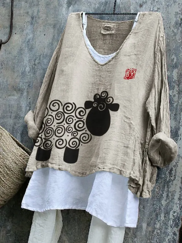 SpringSummer V neck Long sleeve Shirt Artistic Retro And Relaxed fit Ofs25026092922 2Xl - Shop at LoveMi