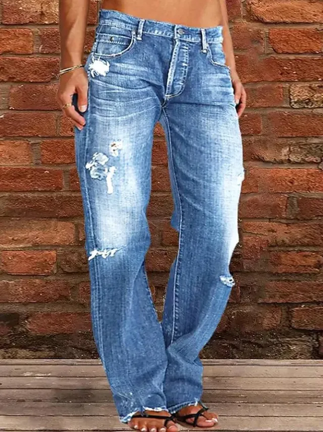Loose Wide Leg Denim Retro Washed Ripped Trousers Light Blue - Shop at LoveMi