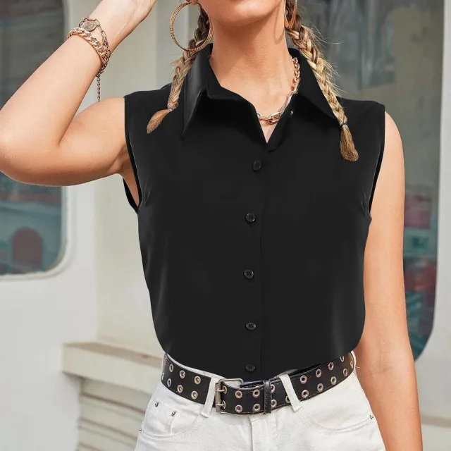 Solid Sleeveless Button Lapel Shirt Women's Top Black - Shop at LoveMi