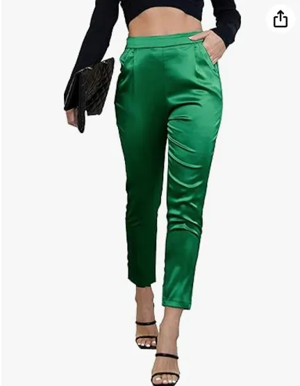 Women's Comfortable Pocket Straight High Waist Acetate Pants Green - Shop at LoveMi