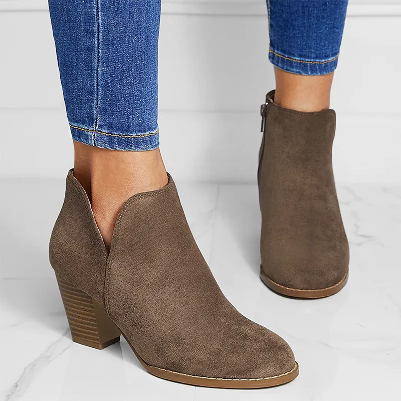 Women's Boots V Cut Side Zipper Round Head Leisure Suede Chunky Heel Ankle Boots Short Boots - Brown