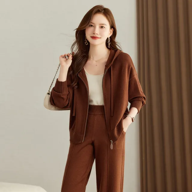Spring And Autumn Hooded Sweater Knitted Cardigan Wide leg Pants Suit Women Rust Red - Shop at LoveMi